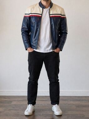 Men's Navy and Cream Leather Racing Jacket